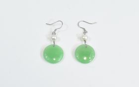 Green Jade and White Cultured Pearl Earrings, single discs of green jade,