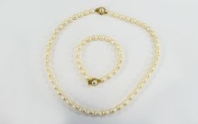 White Fresh Water Pearl Necklace and Matching Bracelet, the single strand,