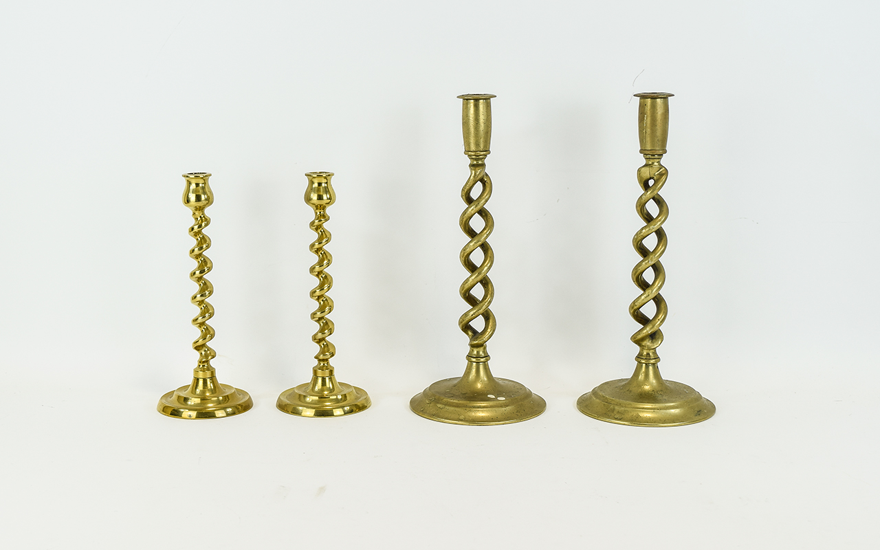 Antique Pairs of Brass Barley Twist Candlesticks ( 2 Pairs ) Height 12 Inches & 9 Inches - Please