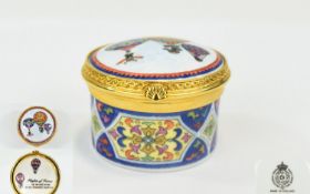Royal Worcester Round Lidded Pill Box in enamel and gilt. Royal Worcester stamp to base. In