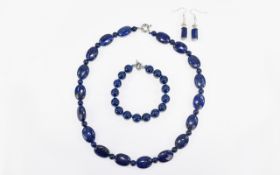 Lapis Lazuli And Silver Necklace, Bracelet And Earrings Set Hallmarked 925, drop,