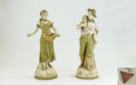 Royal Dux Pair of Hand Painted Figurines Male and Female Oyster Catcher. No 2276. c.1900.