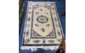 Rug Oriental style chenille rug with cream cotton fringing.