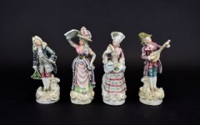 Two Pairs of Miniature Majolica Figures, all dressed in 18th century attire; 4-4.5 inches high;