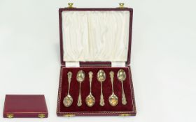 1950's Period Boxed Set of Six Ornate Silver Teaspoons. Hallmark Birmingham 1959, Maker H.C.D.