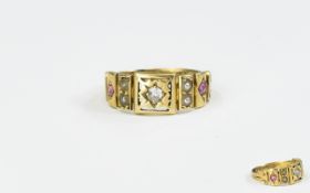 Victorian 18ct Gold Set Diamond, Seed Pearl and Pink Ruby Ring. Chester Hallmark for 1884.