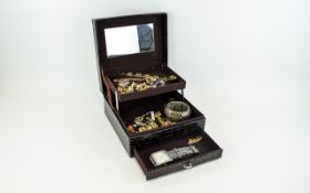 Jewellery Box and Mixed Costume Jewellery Small mock croc brown leather jewellery box with internal