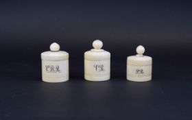 A Trio of 19th Century Ivory Small Round Lidded Jars From The 19th Century.