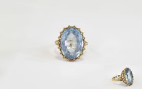 Ornate And Impressive 9ct Gold Gallery Set Aquamarine Ring. The faceted Aquamarine of good colour.