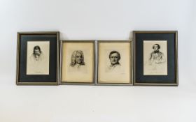 A Collection Of 4 Framed 19th Century Signed Engravings Of Famous People Of The Period Large Post