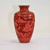 Japanese Early to Mid 20th Century Hand Carved Cinnabar Vase with Blue Enamel Interior with