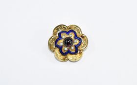 A Fine Victorian Period 14ct Gold Blue Enamel and Opal Brooch with Central Set Cabochon Cut Garnet.