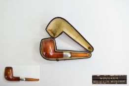 Goudron Meerschaum - Amber and Silver Band Pipe with Original Leather Case. Hallmark Chester 1909.