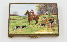 A Fine Gilt and Enamel Lidded Box with a wonderful quality enamel cover features a hunting scene