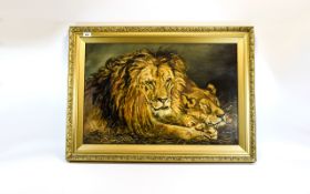 Oil On Canvas, Early 20thC Sleeping Lion & Lioness, lying side-by-side.