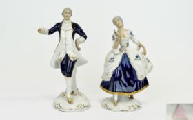 Royal Dux Pair of 1930's Blue and White Porcelain Figures 'couple dancing' cobalt blue and white