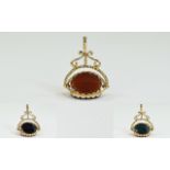 Antique 9ct Gold 3 Stone Spinning Swivel Fob, Set with Bloodstone Cornelian and Onyx.