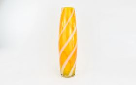 Tall Contemporary Yellow, White Banded Vase, 20 inches in height.