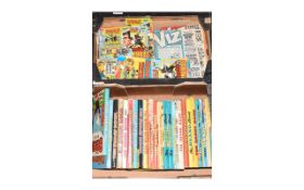 2 Boxes Containing A Collection Of Annuals And Comics To Include Dandy, Beano, Commandos, Viz Etc.