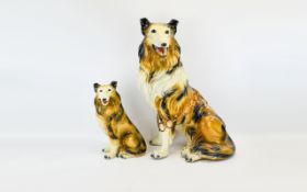 Rough Collie Dog Resin Figures Two in total, vintage Collie dog figures painted in dark brown,