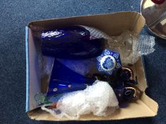 Box of Assorted Glassware including two Caithness blue glass vases,