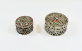 Antique - Middle Eastern Finely Worked Small Circular Silver Lidded Boxes ( 2 ) Set with Semi