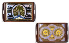 Wooden Inlaid Decorative Trays Two in total fashioned in dark wood with ribbon inlay banding.