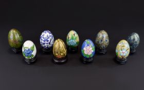 A Collection of Chinese Cloisonne Eggs ( 9 ) In Total. And all with Stands - Please See Photos.