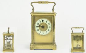 French Late 19th Century Heavy Brass Cased - 8 Day Carriage Clock with Porcelain Chapter Ring, Glass
