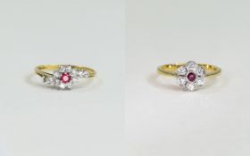2 x Ruby Silver Gilt Dress Rings, flower head setting with red and white stones,