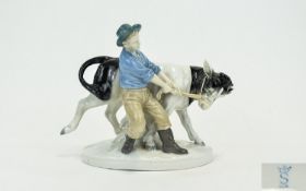 Porzellanfabrik Carl Scheidig Porcelain Figure 'Man/Farmer Pulling A Cow, Circa 1950's.