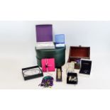 Large Hat Box Containing A Quantity Of Costume Jewellery Green leather covered box to include