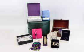 Large Hat Box Containing A Quantity Of Costume Jewellery Green leather covered box to include