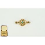 Victorian Period 15ct Gold Turquoise and Seed Pearl Bar Brooch. Marked 15ct. 1.75 Inches wide.