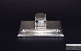 Edwardian - Stylish Silver Inkwell and Stand with Pen Holder. Hallmark Birmingham 1910.
