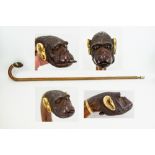 A Superb Finely Carved Victorian Ivory And Bone Cheeky Monkey Topped Walking Stick With amber