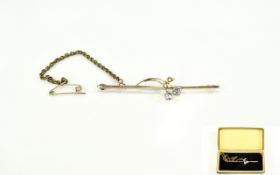 Victorian 9ct Gold and Diamond Set Bar Brooch, with Attached Gold Safety Chain. Marked 9ct.
