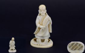 Japanese - Late 19th Century Carved Ivory Small Figure of a Japanese Man - Wearing Robes,