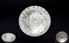 Silver Plate Lead Crystal Hors D'Oeuvre Tray Circular tray with reticulated sides and five internal