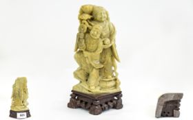 Chinese 19th Century Nice Quality Soapstone Group Figure / Carving - Two Robed Figures Raised on a