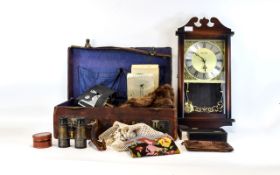 Mixed Lot Comprising A Tan Leather Case, Snakeskin Wallet, Fur, Cine Camera, Wall Clock,