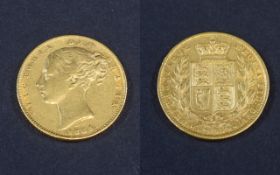 Queen Victoria 22ct Gold Full Young Head Sovereign with Shield Back.