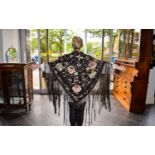 Antique Piano Shawl Late Victorian machine embroidered shawl on black silk ground.