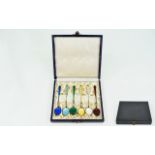 Danish - 1950's Boxed Set of Six Silver and Enamel Spoons, Assorted Colours, Marked Sterling 925,