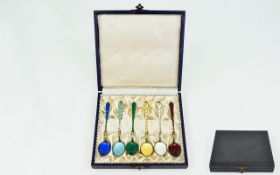 Danish - 1950's Boxed Set of Six Silver and Enamel Spoons, Assorted Colours, Marked Sterling 925,