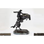 Frederic Remmington Large Bronze Sculpture Bronco Buster After The Original On Marble Base,