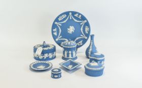 A Collection of Wedgewood Jasper Ware, Comprises Lidded Jars, Cabinet Plate, Vases,