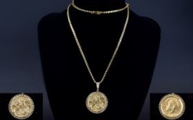 George V 22ct Gold Sovereign Set Pendant with Attached 9ct Gold Chain and Mount. Hallmarked.