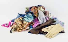 Mixed Lot Of Silk Scarves And Leather Kid Gloves