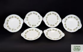 Shelley China Plates Six in total with side handles and white floral and foliate design